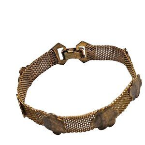 Vintage Gold Tone Mesh Bracelet Clover Accents Secure Clasp Fashion Jewelry